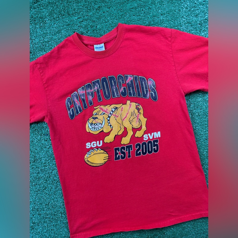 Red and blue Cryptorchids t shirt. Crazy logo / design.